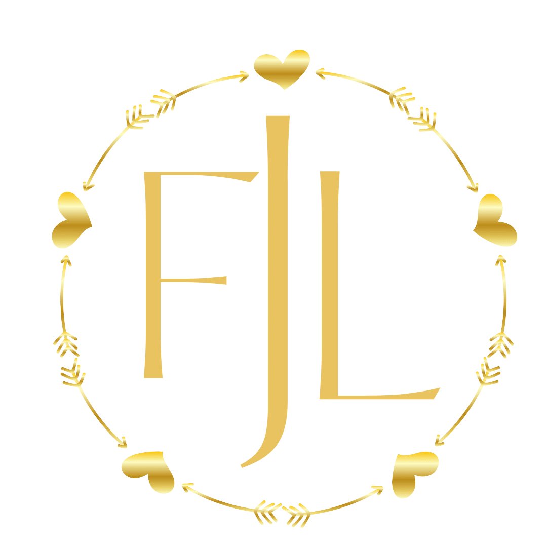 Golden letters “FJL” in the center, surrounded by a circular border of gold arrows and hearts on a white background.