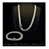 A Braided Design Sterling Silver Necklace and Bracelet Set with unique pin clasps is displayed on a black stand and background. Text below reads: Braided Design Sterling Silver Necklace & Bracelet Set.