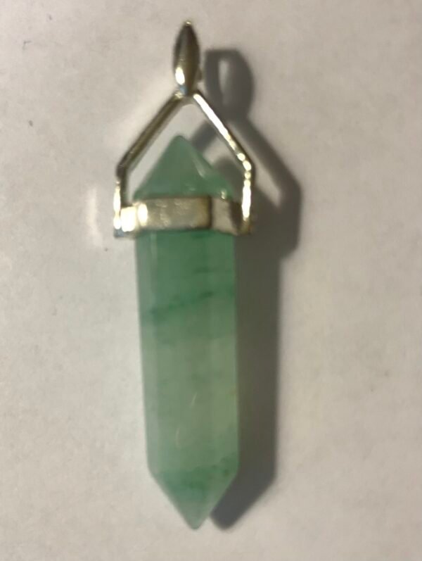 The Natural Serenity Aventurine Silver Pendant features a green hexagonal crystal with a silver cap and loop, shown in minimalist style as an amulet charm against a plain white background. The Natural Serenity Aventurine Silver Pendant features a green hexagonal crystal with a silver cap and loop, shown in minimalist style as an amulet charm against a plain white background.