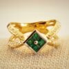 18k Yellow Gold Ring and Four Princess-Cut Emeralds & Diamonds in Platinum