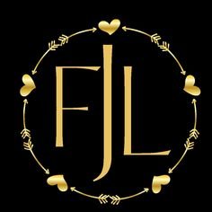 Gold letters FJL centered on a black background, surrounded by a circular pattern of gold hearts and arrows pointing clockwise, evoke the elegance found in unique designs and beautiful selection of high-end jewelry.