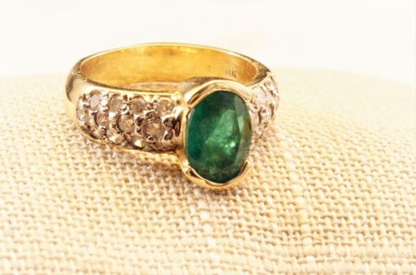 lrgemovalpave.h Sophisticated Natural Colombian Emerald and Diamond 14K Yellow Gold Ring