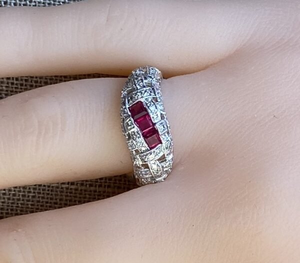 ruby basket Ruby Trio 18K White Gold Ring with Diamond Accent in size 6.5, July Birthstone