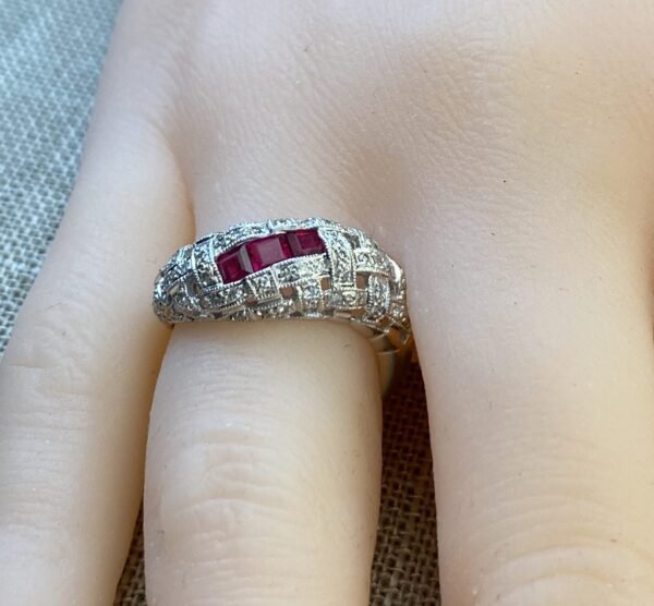 ruby basket.2 Ruby Trio 18K White Gold Ring with Diamond Accent in size 6.5, July Birthstone