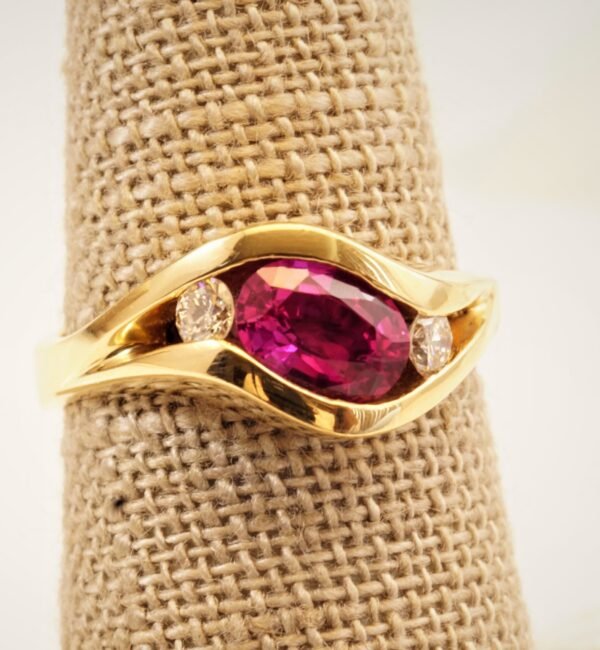 Classic Majesty: Three-Stone Ruby and Diamond Ring in Yellow Gold, Ring size 6.5