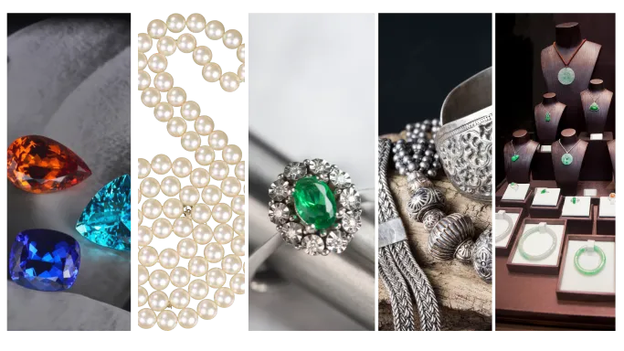 A collage of gemstones, pearl jewelry, an emerald ring, silver jewelry pieces, and a display of jade jewelry in boxes and on stands.
